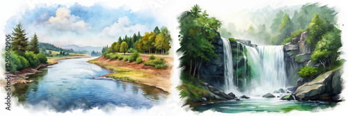 Scenic river landscape, tranquil waterfall view, vibrant nature colors, serene outdoor setting, watercolor painting style.