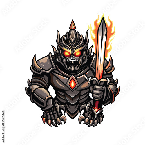 A terrifying monster, clad in obsidian armor with intensely glowing black runes, emerges from shadow.  Its eyes burn with infernal light.