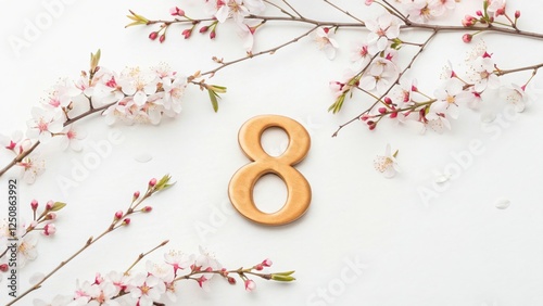 Golden Number 8 Cherry Blossoms White Background