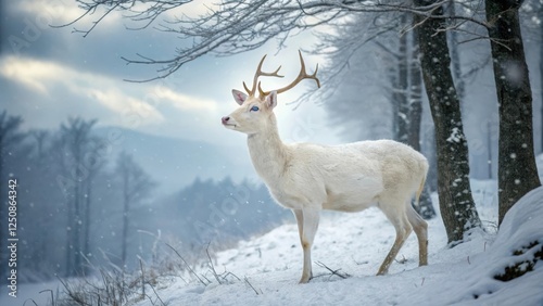 Wallpaper Mural Majestic albino deer standing in a snowy forest nature photography winter wonderland serene environment side view blending with the snow Torontodigital.ca