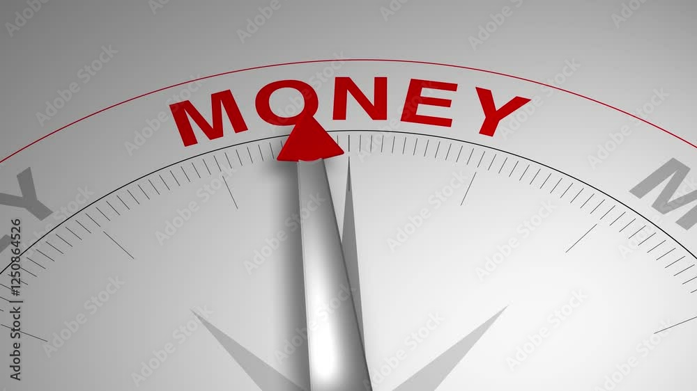Money text or word with a gauge arrow on a compass, representing guidance and direction on a clean white background. Ideal for business, coaching, consulting, and self-improvement concept Money text or word with a gauge arrow on a compass, representing guidance and direction on a clean white background. Ideal for business, coaching, consulting, and self-improvement concept