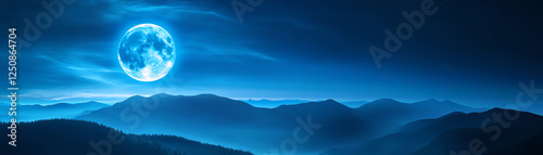 A mesmerizing night landscape featuring a luminous blue moon illuminating the serene mountain range under a starlit sky. photo