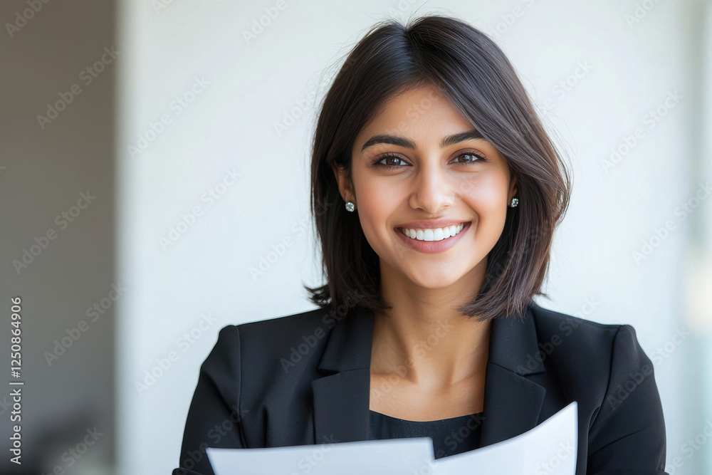 A professional an attractive Indian woman in her late thirties, smiling and holding up some documents against a white background. A professional an attractive Indian woman in her late thirties, smiling and holding up some documents against a white background.