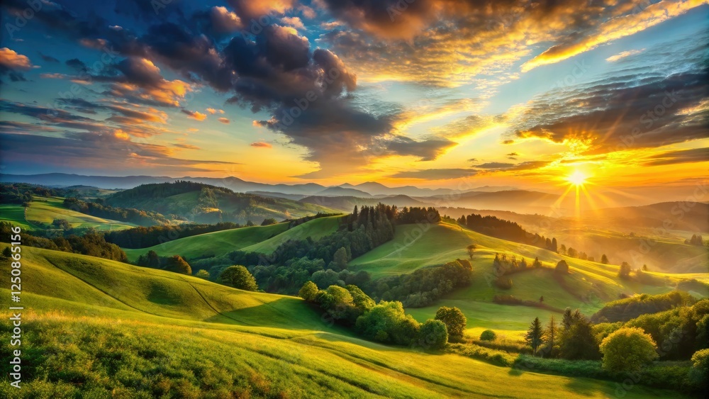 Fototapeta premium Green hills bathed in sunrise, vibrant sky, deep focus captures panoramic beauty.