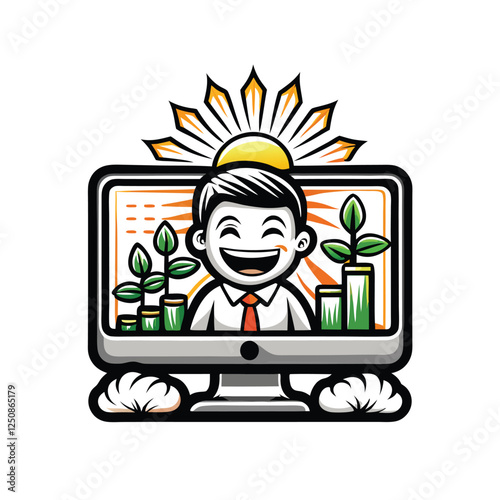 A jubilant investor gleefully observes a steadily rising dividend graph on a computer screen, showcasing financial success.