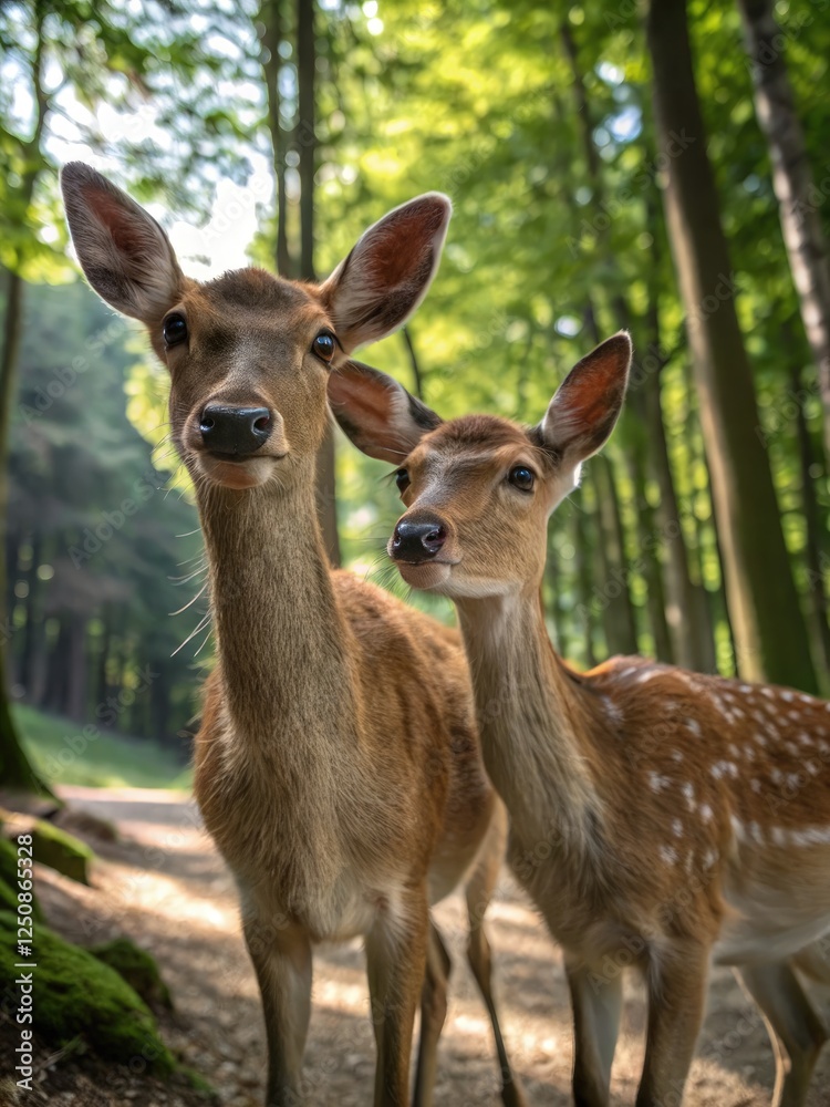 Curious Deers Exploring a Serene Forest Path. Generative AI Curious Deers Exploring a Serene Forest Path. Generative AI