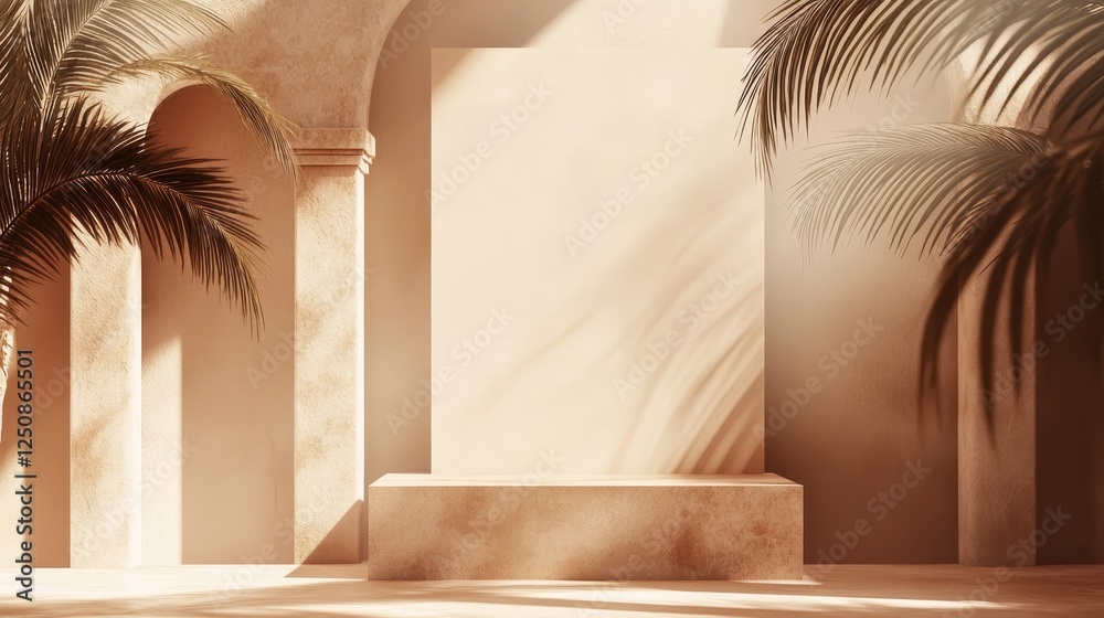 Fototapeta premium Abstract sun light yellow summer backdrop with tropical gradient shades, minimal sunny 3D product display room, perfect for colorful scene presentations and empty banner templates for modern design