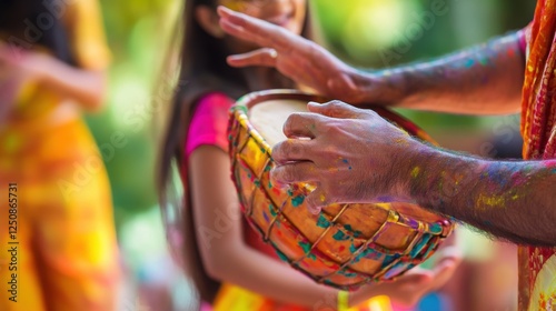 A close-up of an Indian fathera??s hands beating a Holi drum, while his wife and daughter dance in the blurred background, enjoying the festival. Created with generative AI. photo