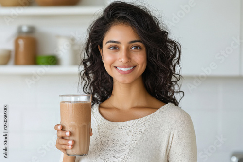 a young indian woman wearing causal clothes holding a class of chocolate milkshake