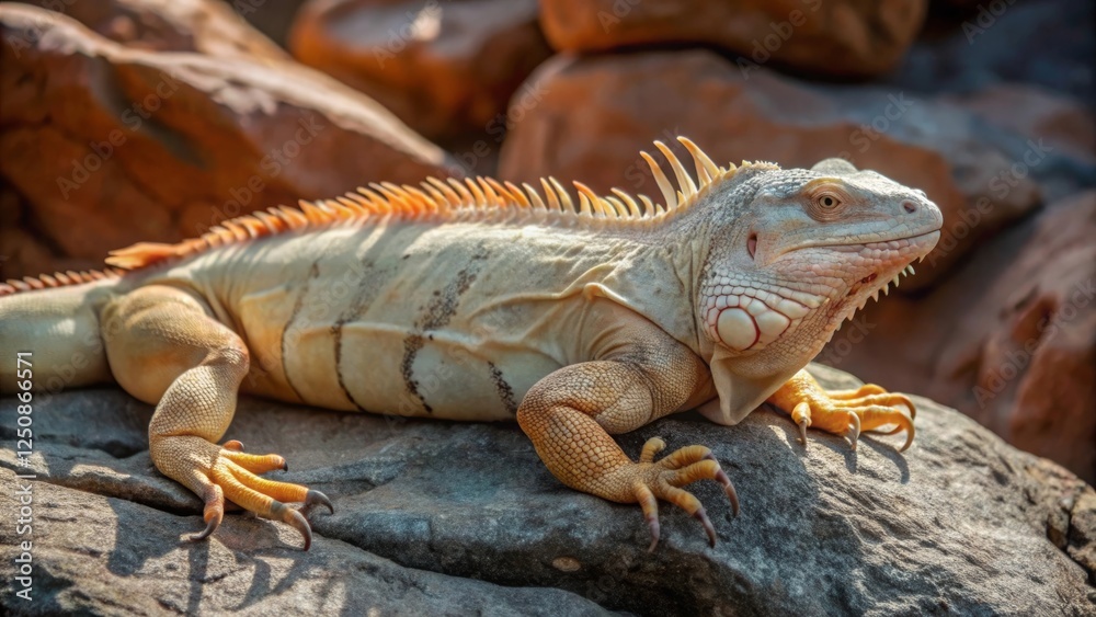 Naklejka premium Albino iguana sunbathing on rocky desert terrain nature photography desert environment close-up view exotic wildlife