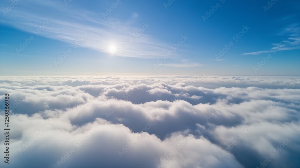 Aerial View of Fluffy Clouds with Sunlight Overlooking Vast Sky Above : Generative AI Aerial View of Fluffy Clouds with Sunlight Overlooking Vast Sky Above : Generative AI
