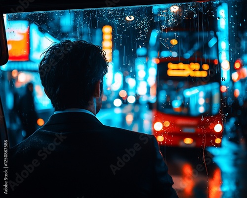 Night city view seen through rain-streaked bus window. Man gazing out. Stock photo photo