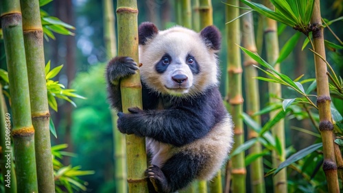 Playful baby albino panda climbing bamboo stalks in serene chinese landscape wildlife photography tranquil environment close-up view for nature lovers photo