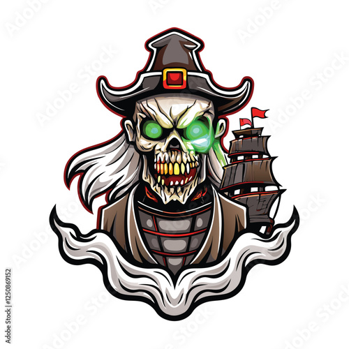 A terrifying pirate monster, glowing green skin, one glowing eye, ragged clothes, wielding a rusty cutlass,  set against a dark stormy sea.