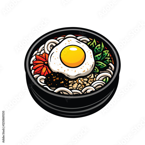 Create a realistic vector illustration of a vibrant bowl of bibimbap, featuring assorted vegetables, marinated meat, and a fried egg.  Show the texture and detail.