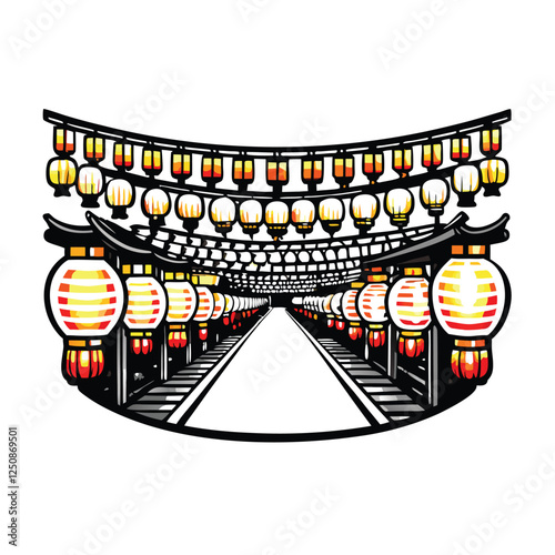 Create a realistic vector illustration of a Japanese street lined with traditional paper lanterns at night, showing intricate details and warm lighting.