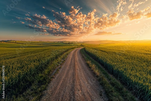 Sunset Over Country Road With Golden Fields And Dramatic Sky
