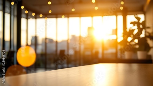 A bright interior scene with sun rays streaming through a large window into a workspace : Generative AI