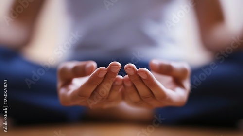 Meditative hands of a person engaged in mindfulness practice on a serene background : Generative AI photo