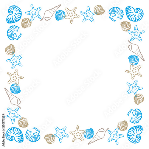 Vector border with seashells, frame of line art tropical sea elements, seashells, starfish