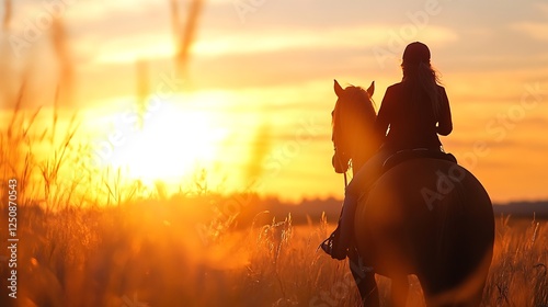 Silhouette of a woman riding a horse at sunset evoking a sense of freedom and adventure : Generative AI photo