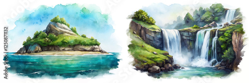 Scenic watercolor landscape, tranquil island view, cascading waterfall, lush greenery, serene nature illustration, peaceful outdoor scene.