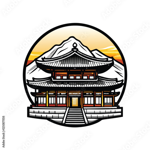 Create a highly detailed, realistic vector illustration of Gyeongbokgung Palace in Seoul, South Korea, showcasing its intricate architecture and vibrant colors.