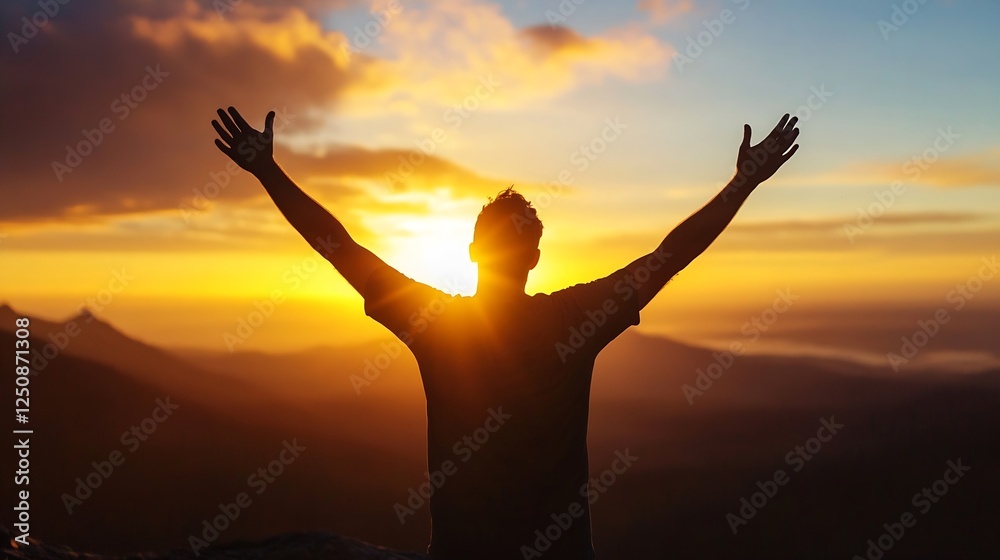 Fototapeta premium Man celebrating at sunset with arms raised standing on a mountain peak surrounded by breathtaking scenery : Generative AI