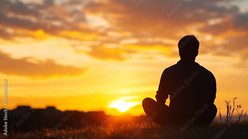 Silhouette of a Person Meditating at Sunset with Vibrant Colors in the Sky : Generative AI Silhouette of a Person Meditating at Sunset with Vibrant Colors in the Sky : Generative AI