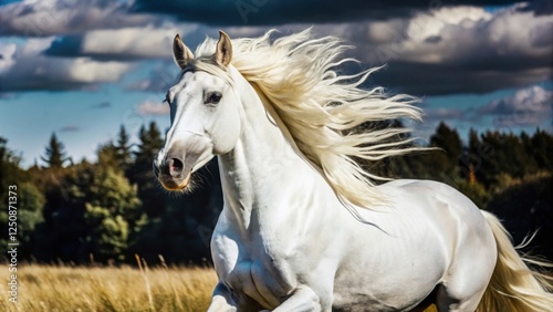Dynamic galloping of an albino horse open meadow wildlife photography natural landscape side view graceful movement