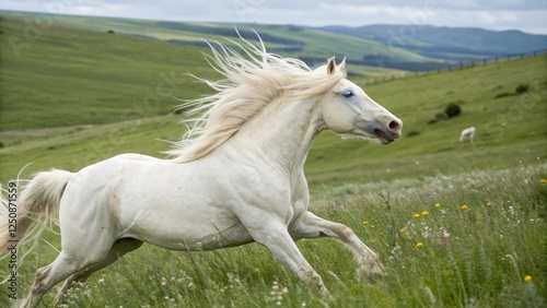 Albino horse galloping through open meadow nature scene high-detail photography vibrant environment dynamic viewpoint captivating equine motion