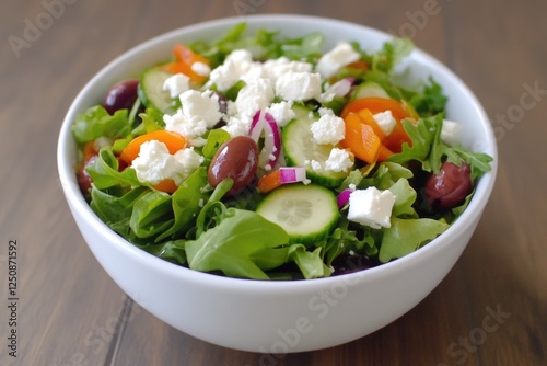 A healthy and tasty salad featuring cucumbers, tomatoes, and crumbled feta cheese