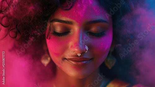 A graceful Indian girl with curly magenta hair, wearing a silk sari and a silver nose pin, covered in vivid Holi colors as she dances in slow motion. Created with generative AI.
