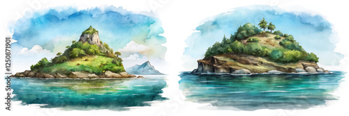 Scenic watercolor islands, lush greenery, tranquil waters, serene landscapes, nature illustration, artistic coastal views.