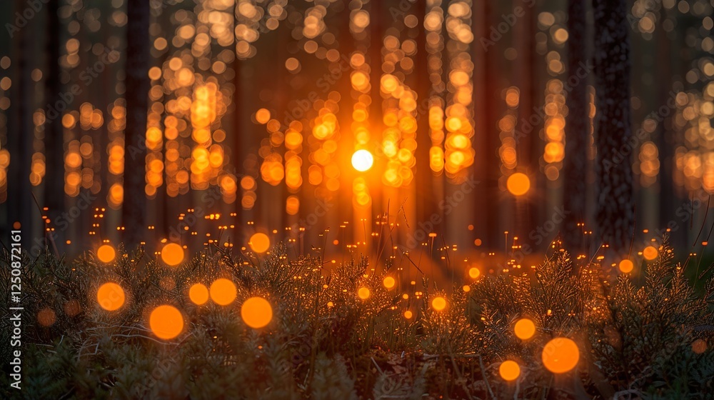 Fototapeta premium Backlit wild grass in a forest at sunset, abstract summer scene with vintage warmth. HD 8K wallpaper Photographic Image