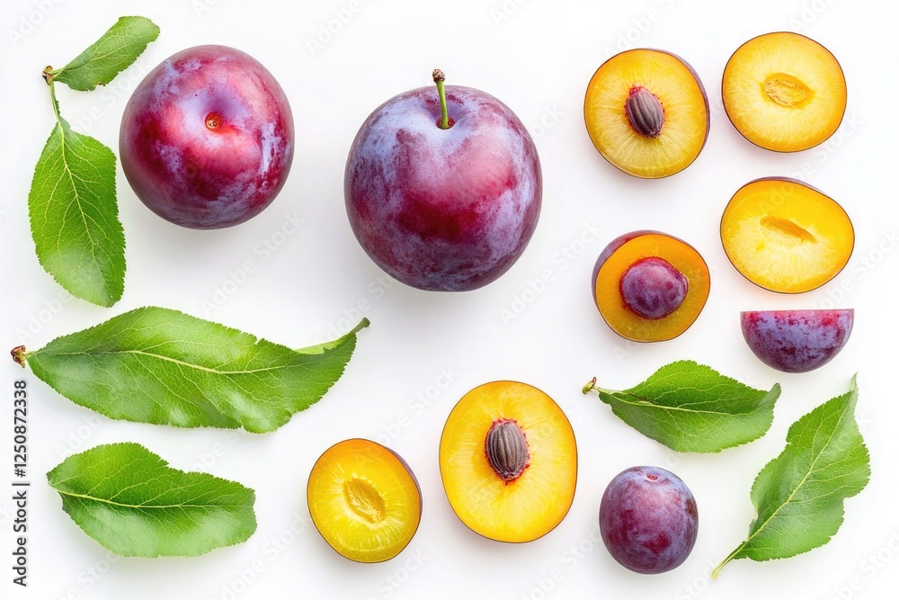 Naklejka premium Fresh plums and leaves arranged on a clean white surface