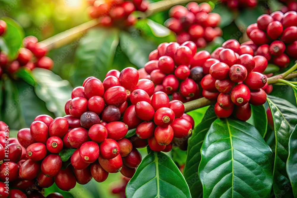 Luscious red coffee cherries, ripe and ready for harvest, cling to the branch. Luscious red coffee cherries, ripe and ready for harvest, cling to the branch.
