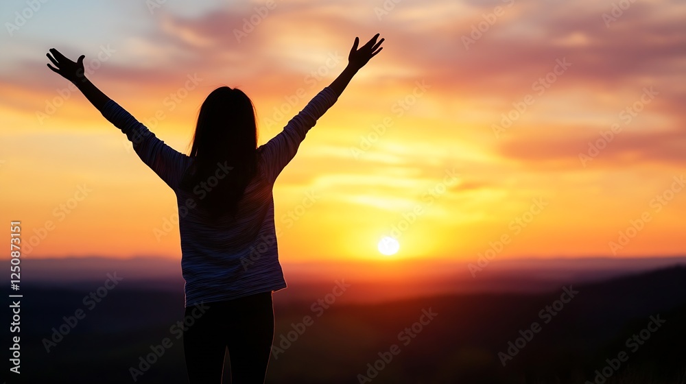 Fototapeta premium Woman with outstretched arms celebrating the sunset on a mountain creating a blissful atmosphere : Generative AI