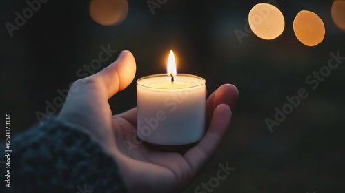 A closeup view of a glowing candle held gently in a person's hand surrounded by soft bokeh lights : Generative AI