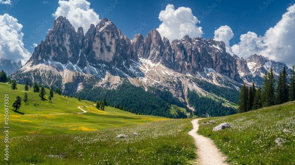 Serene Mountain Landscape with Pathway and Blue Sky Clouds Serene Mountain Landscape with Pathway and Blue Sky Clouds
