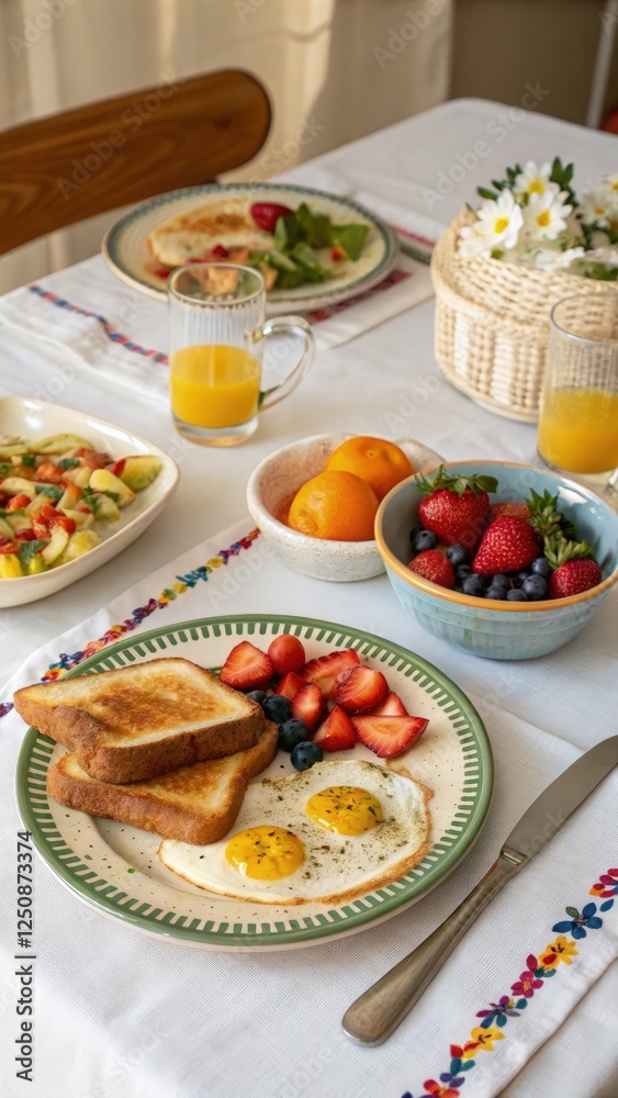 Delicious Breakfast Spread With Eggs, Fruits, and Juice. Generative AI Delicious Breakfast Spread With Eggs, Fruits, and Juice. Generative AI