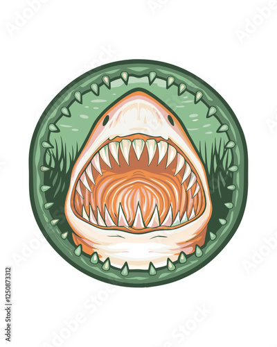 Render a terrifying shark monster, possessing bioluminescent green fins and exceptionally sharp teeth, swimming in dark, deep ocean water.