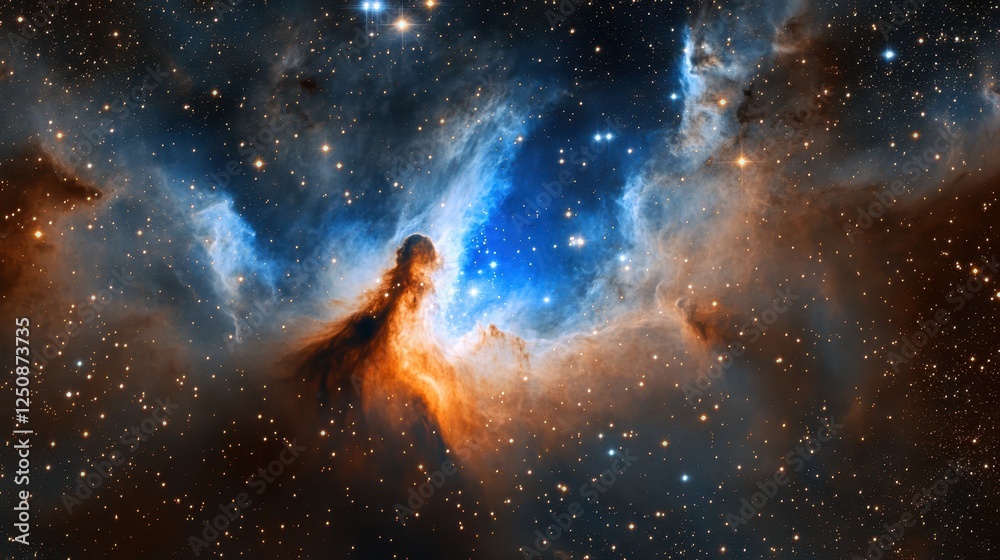 Fototapeta premium Nebula with dramatic swirling blue and orange hues, creating breathtaking cosmic scene.