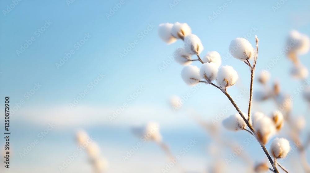 Cotton Plant Branch with Soft White Bolls Against a Bright Sky Background : Generative AI