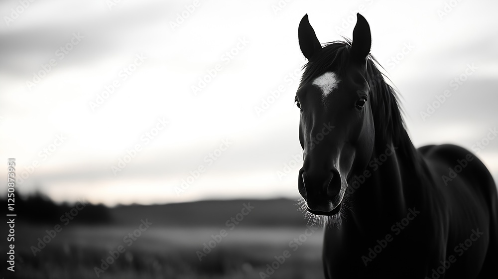 Fototapeta premium Elegant black horse standing majestically in a serene landscape during twilight hours : Generative AI