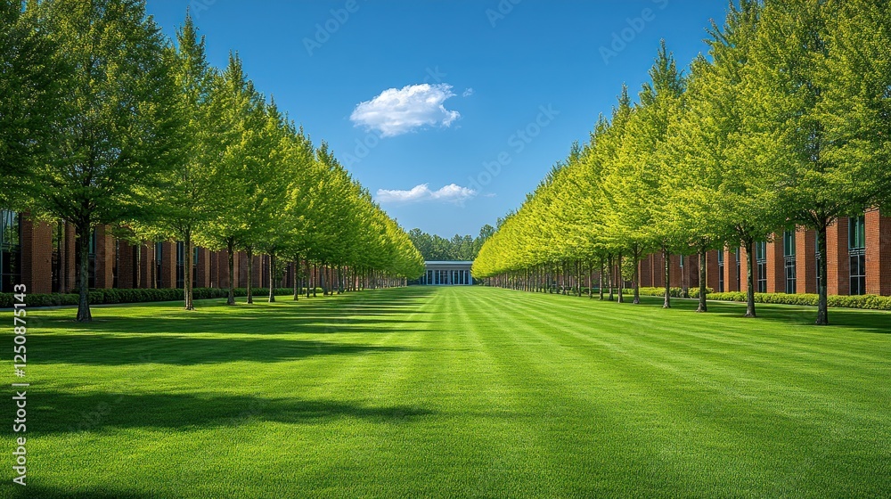 Sunlit campus avenue, manicured lawn, spring Sunlit campus avenue, manicured lawn, spring