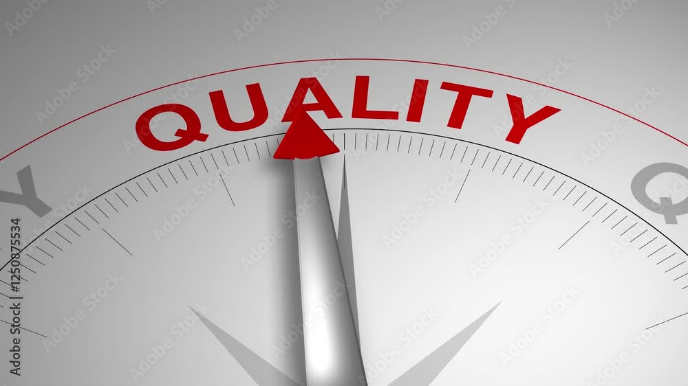 Quality text or word with a gauge arrow on a compass, representing guidance and direction on a clean white background. Ideal for business, coaching, consulting, and self-improvement concept Quality text or word with a gauge arrow on a compass, representing guidance and direction on a clean white background. Ideal for business, coaching, consulting, and self-improvement concept