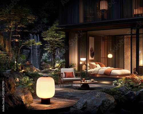 Nighttime Zen garden hotel room, tranquil outdoor scene. Possible stock photo use showcasing modern design, relaxation photo
