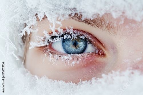 A person's eye buried under snow, with details of eyelashes and pupil visible photo