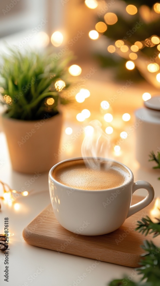 Fototapeta premium Steaming coffee mug resting on wooden coaster, surrounded by soft fairy lights and green foliage, evoking warm morning comfort